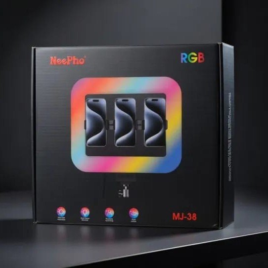 NeePho MJ-38 RGB LED Light Box | Triple Phone Holder | 3 Color Modes + RGB Effects | Dimmable | For YouTube, TikTok, Live, Photography